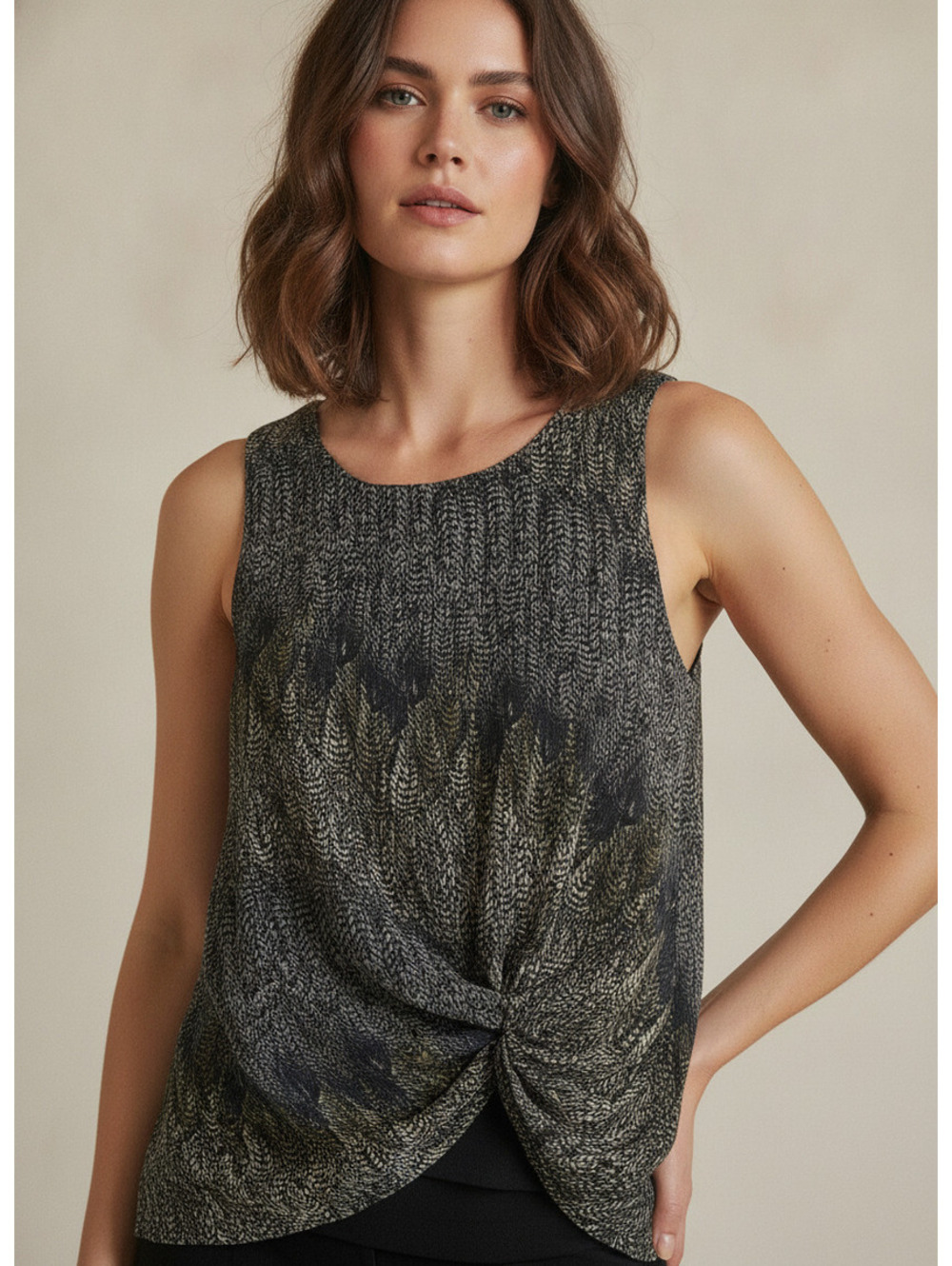 Deletta Medium 100% modal Sleeveless Printed Top with Front Twist Detail